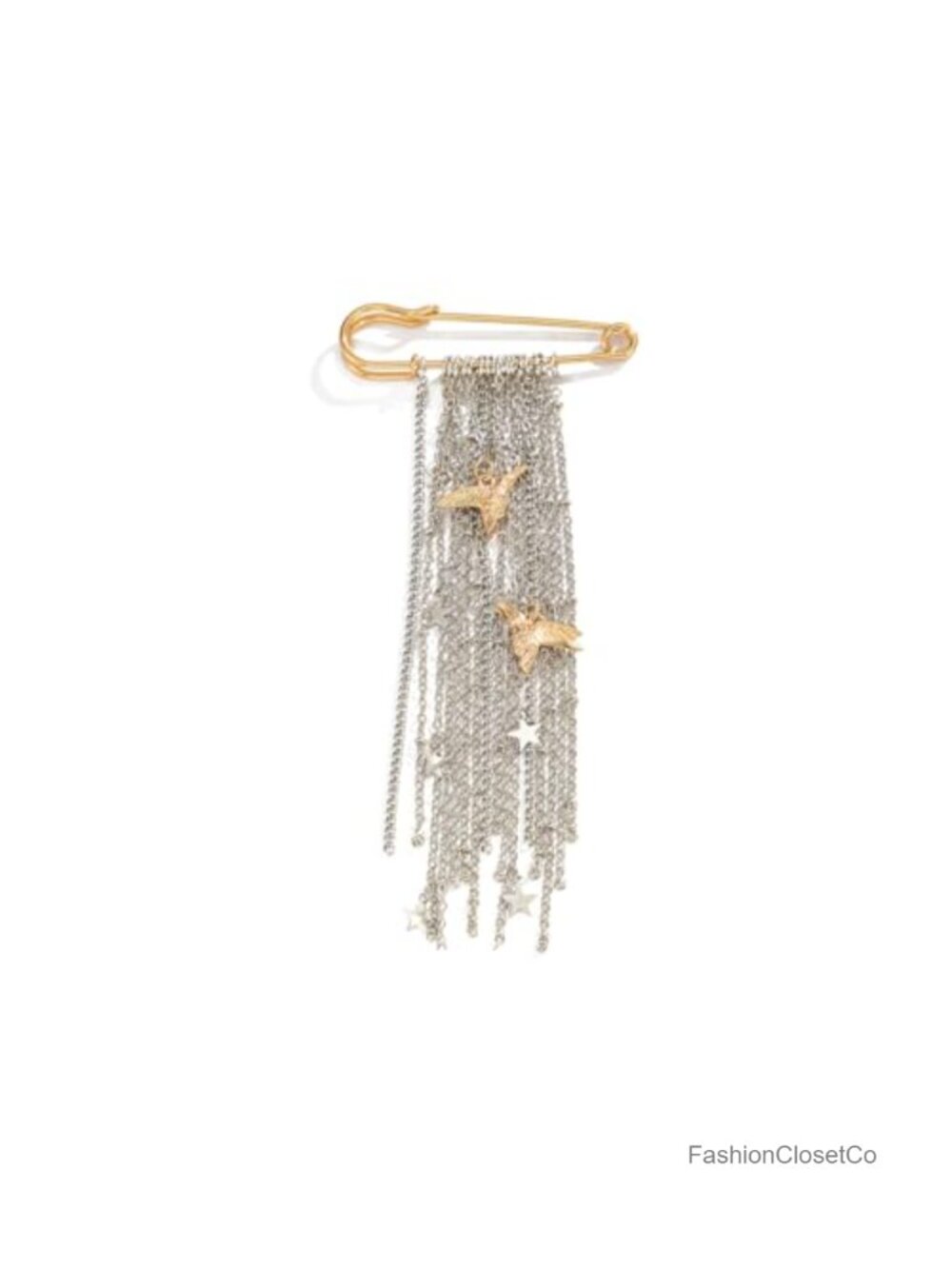 Gold Safety Pin Brooch with Silver Tassel Chain & Peace Dove Charm